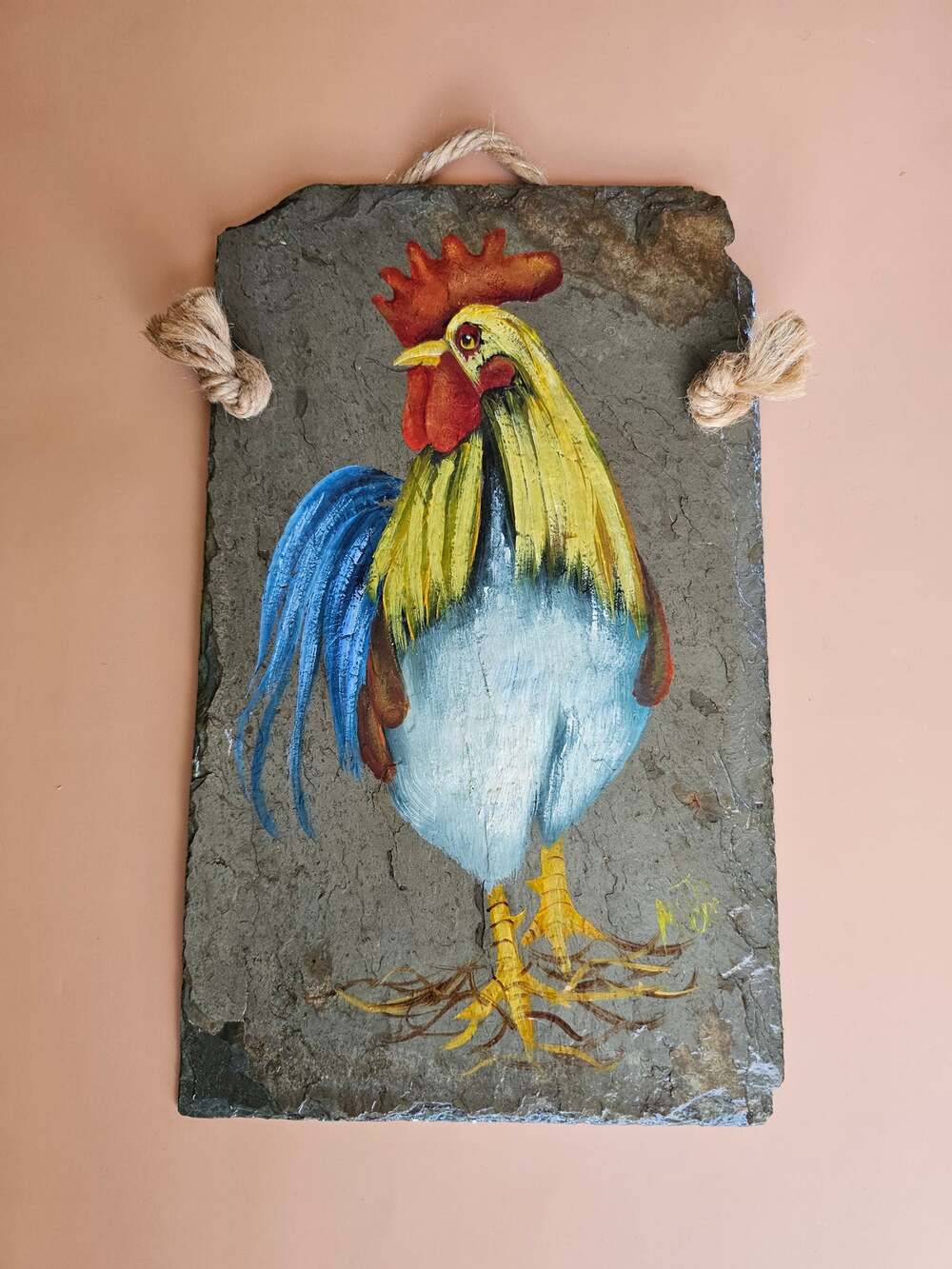 Painted Rooster on Slate Signed Original Folk Art Farmhouse Kitchen Wall Decor